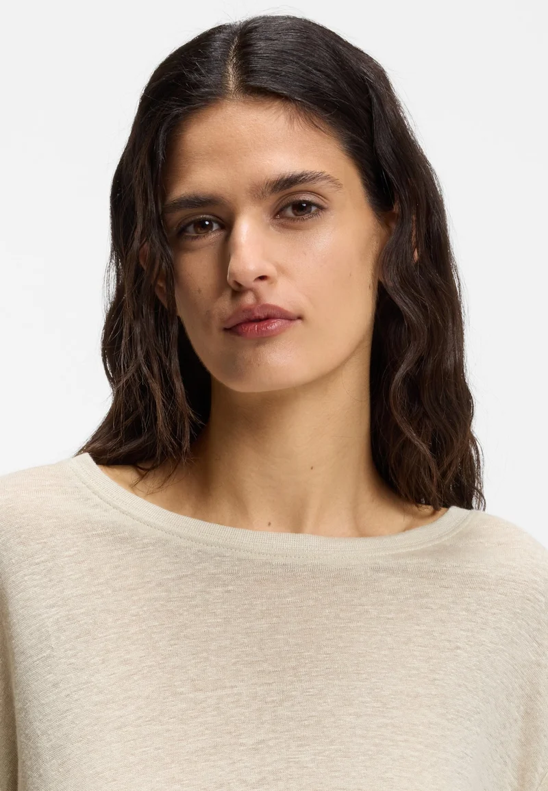 BOSS Open Beige Linen T-shirt with embroidered logo for Women | Best Price UAE