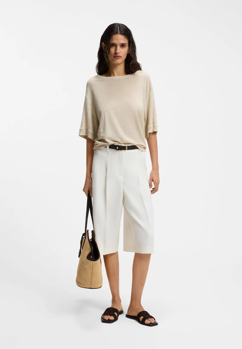 BOSS Open Beige Linen T-shirt with embroidered logo for Women | Best Price UAE