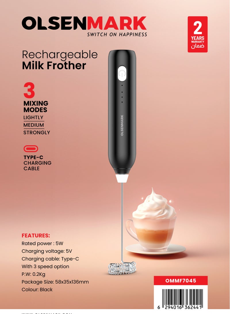 Olsenmark Rechargeable Milk Frother - for High Speed Whisking, Ergonomic Grip with 3 Mixing Modes, Light, Medium and Strong/ Used for Milk, Coffee, Eggs, Sauces, Lattes, Hot Chocolates, Shakes/ For Kitchen Use, Light-Weight, 2 Year Warranty 1 L 5 W OMMF7045 Black - Image 2