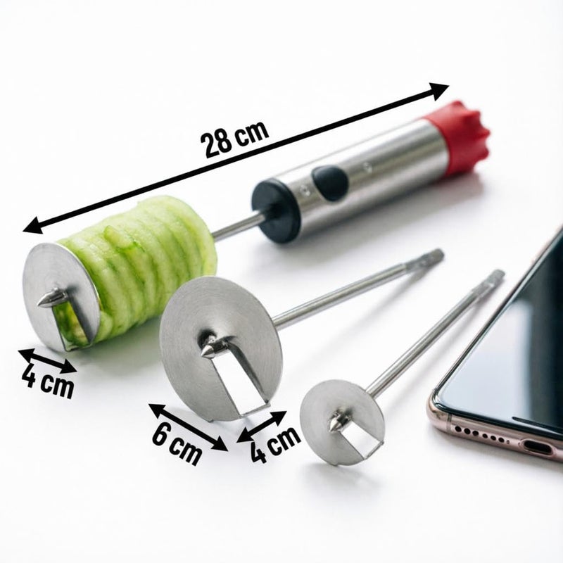 Vegetable Corer - Stainless Steel Spiral Slicer Set with 4 Interchangeable Heads and Red Handle for Fruit Preparation - Image 4