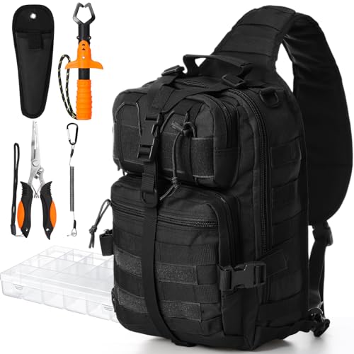 Eccliy 6 Pcs Fishing Tackle Bag Backpack with Rod Holders Tackle Box Fishing Pliers Kit and Fish Lip Gripper Fish Gear and Equipment Fisherman Gift for Men WomenBlack - Image 1