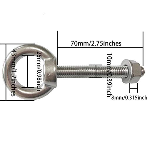 AIVOOF Shoulder Eye Bolt, 2 Pack M10 Stainless Steel Shoulder Eye Bolts 2.75" Eye Bolts Heavy Duty EyeBolts Screws in Eye Hooks with Washer and Nuts Muti-Function for Indoor Outdoor, Thread 70mm - Image 2