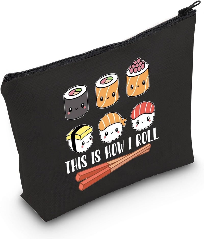 POFULL Sushi Lover Gift This Is How I Roll Cosmetic Bag Sushi Party Gift Japanese Cuisine Sushi Lover Gift (Black Sushi Bag)