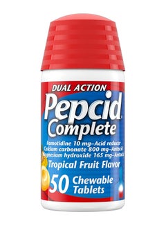 Pepcid Pepcid Complete Acid Reducer + Antacid Chewables, 10 mg Famotidine, 800 mg Calcium Carbonate & 165 mg Magnesium Hydroxide per Tablet, Antacid Chews for Heartburn, Tropical Fruit, 50 Ct 