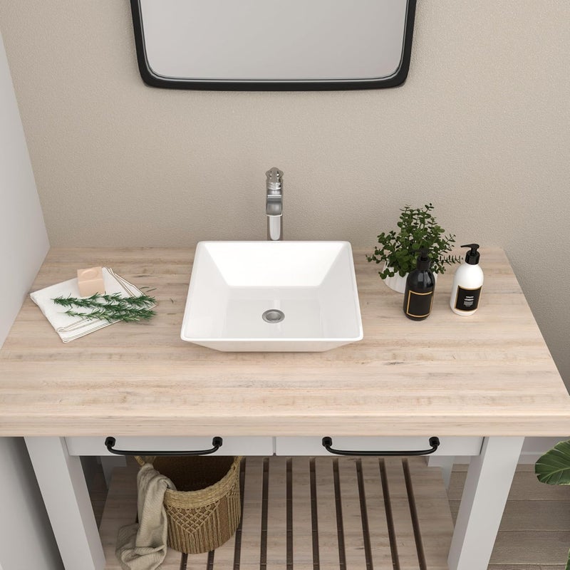 Mocoloo White Vessel Sink 16 x 16 Inch Square Ceramic Bathroom Sinks Above Counter Porcelain Vanity Top Sinks Square Countertop Modern Bathroom Sink 16 Inch Single Art Basin - Image 3