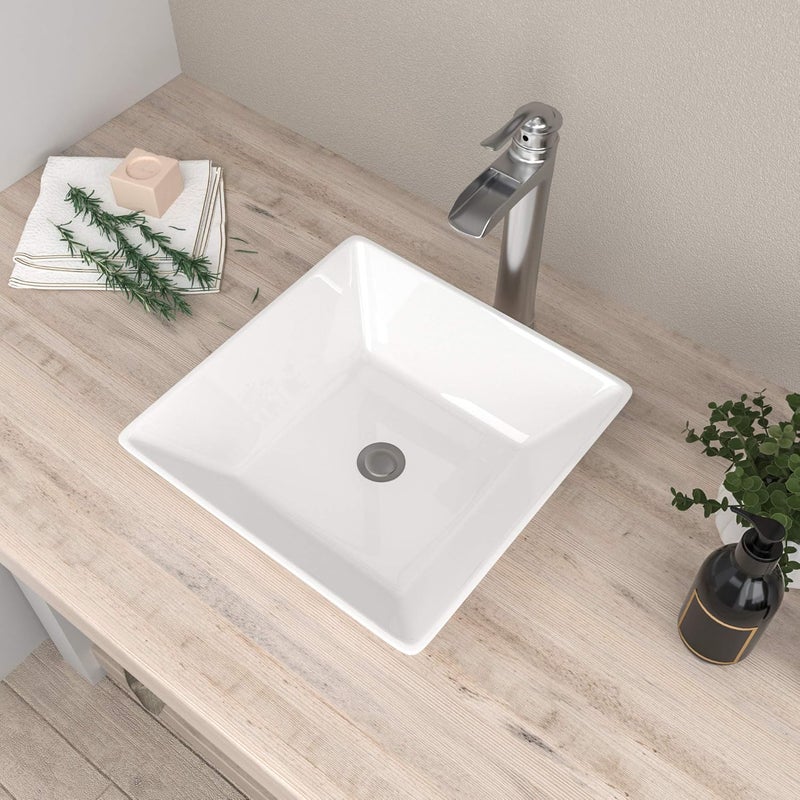 Mocoloo White Vessel Sink 16 x 16 Inch Square Ceramic Bathroom Sinks Above Counter Porcelain Vanity Top Sinks Square Countertop Modern Bathroom Sink 16 Inch Single Art Basin - Image 1