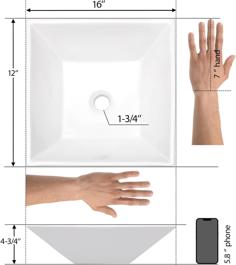 Mocoloo White Vessel Sink 16 x 16 Inch Square Ceramic Bathroom Sinks Above Counter Porcelain Vanity Top Sinks Square Countertop Modern Bathroom Sink 16 Inch Single Art Basin - Image 5