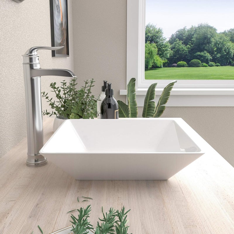 Mocoloo White Vessel Sink 16 x 16 Inch Square Ceramic Bathroom Sinks Above Counter Porcelain Vanity Top Sinks Square Countertop Modern Bathroom Sink 16 Inch Single Art Basin - Image 2