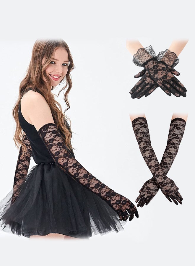 4PCS Lace Gloves Long Opera Gloves Elbow Length for Women Party Dress Costume Floral Prom Gloves Wedding(Black and white) - Image 1