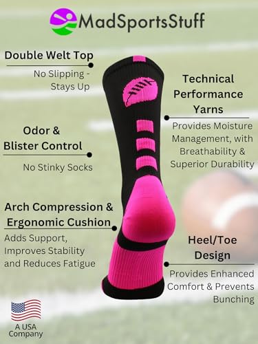 MadSportsStuff Football Logo Crew Socks (Black/Neon Pink, Medium) - Image 3