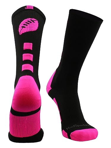 MadSportsStuff Football Logo Crew Socks (Black/Neon Pink, Medium) - Image 4