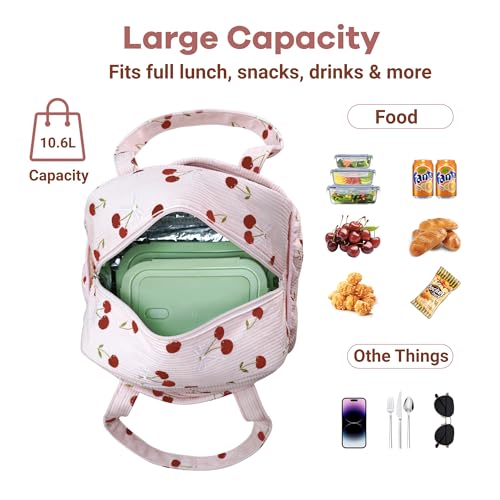 Yarnic Corduroy Lunch Bag Women Insulated, Large Lunch Box for Work with Bottle Pockets, Stylish Reusable Cooler Tote Aestheticfor Adults Teachers Picnic (Cherry Bow) - Image 3