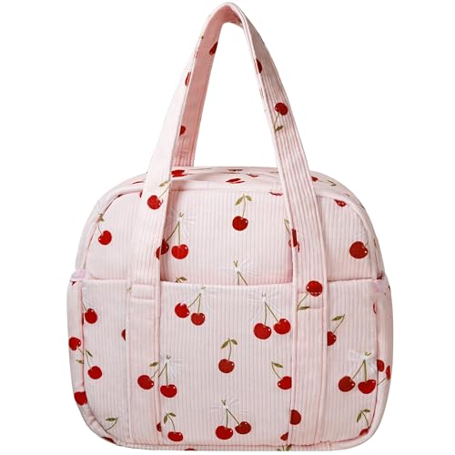 Yarnic Corduroy Lunch Bag Women Insulated, Large Lunch Box for Work with Bottle Pockets, Stylish Reusable Cooler Tote Aestheticfor Adults Teachers Picnic (Cherry Bow) - Image 1