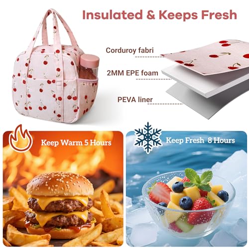 Yarnic Corduroy Lunch Bag Women Insulated, Large Lunch Box for Work with Bottle Pockets, Stylish Reusable Cooler Tote Aestheticfor Adults Teachers Picnic (Cherry Bow) - Image 2