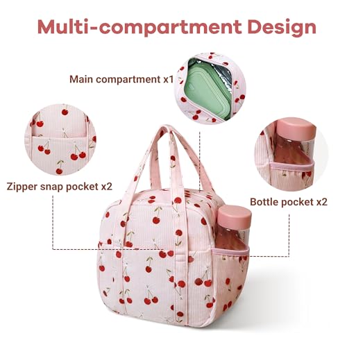 Yarnic Corduroy Lunch Bag Women Insulated, Large Lunch Box for Work with Bottle Pockets, Stylish Reusable Cooler Tote Aestheticfor Adults Teachers Picnic (Cherry Bow) - Image 4