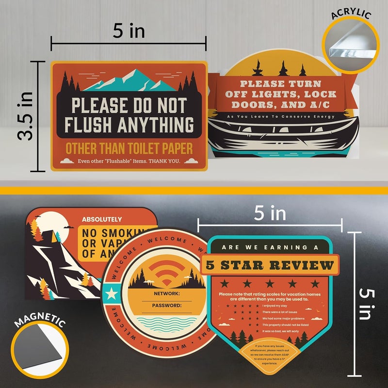 ORCA 5 Essential Signs For Short Term Rental Hosts | Wifi Password Sign For Home Guests, No Smoking, Do Not Flush For Bathroom Toilet, Turn Off Lights & AC, Vacation Rental Review Request Fridge Magnet - Image 5