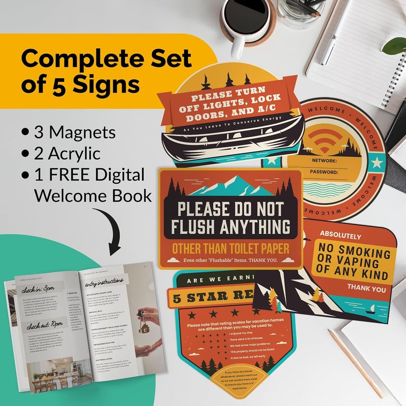 ORCA 5 Essential Signs For Short Term Rental Hosts | Wifi Password Sign For Home Guests, No Smoking, Do Not Flush For Bathroom Toilet, Turn Off Lights & AC, Vacation Rental Review Request Fridge Magnet - Image 2
