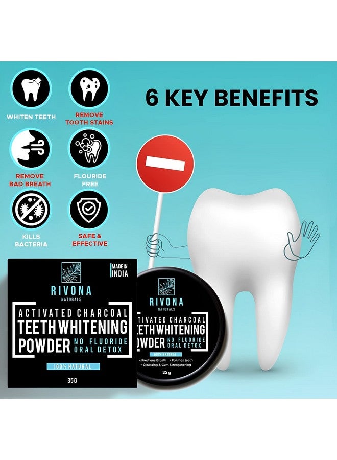 RIVONA NATURALS Activated Charcoal Teeth Whitening Powder - For Enamel Safe Teeth Whitening, Stain Remover, Freshens Breath - With Activated Charcoal, Turmeric & Clove Powder - 35G (Fluoride Free) - Image 1