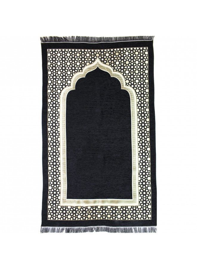 Modefa Turkish Islamic Prayer Mat - Thin Woven Chenille Sajjadah - Intricate Praying Rug Ramadan Eid Gift - Traditional Muslim Janamaz Sajada for Men Women - Geometric Selcuk Star (Black) - Image 3