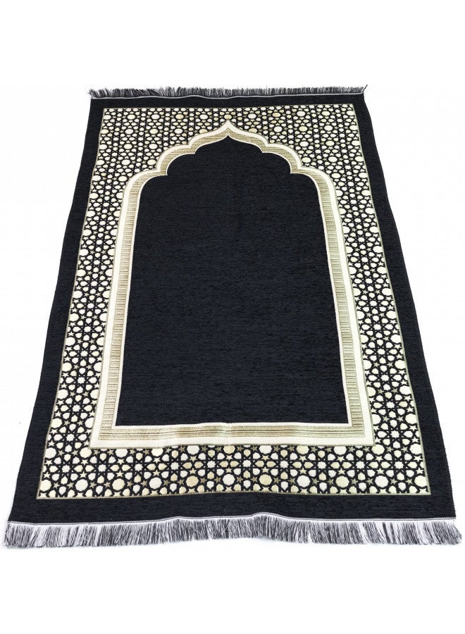 Modefa Turkish Islamic Prayer Mat - Thin Woven Chenille Sajjadah - Intricate Praying Rug Ramadan Eid Gift - Traditional Muslim Janamaz Sajada for Men Women - Geometric Selcuk Star (Black) - Image 4