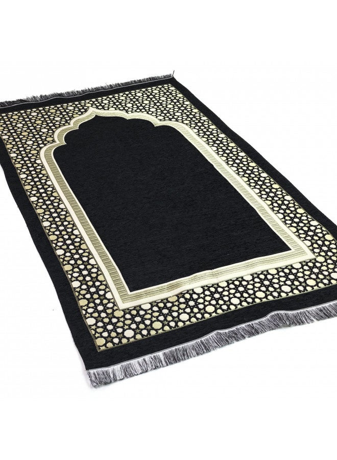 Modefa Turkish Islamic Prayer Mat - Thin Woven Chenille Sajjadah - Intricate Praying Rug Ramadan Eid Gift - Traditional Muslim Janamaz Sajada for Men Women - Geometric Selcuk Star (Black) - Image 2