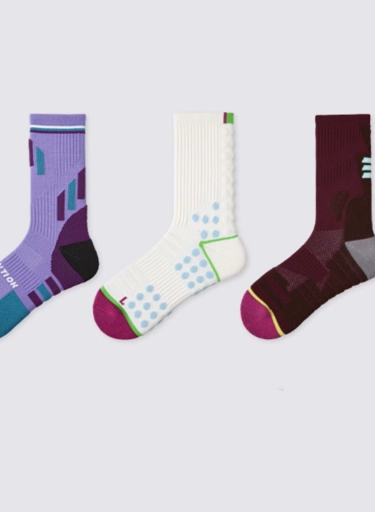 Sports Socks, Pressure Socks, Slim Leg Socks, 3 Pairs Purple+White+Brown