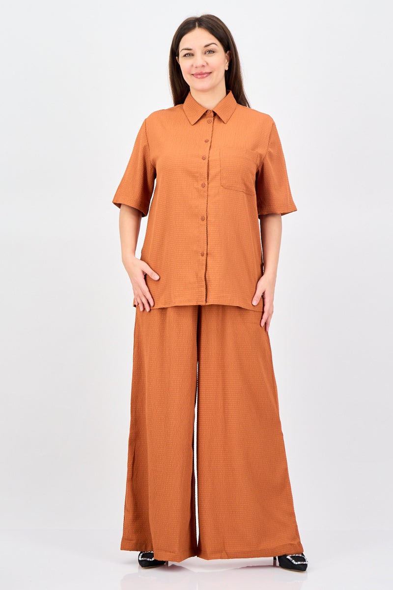 ANNE KLEIN Women 2 Pieces Pointed Collar Short Sleeve Textured Shirt And Palazzo Pants Set, Rust - Image 1