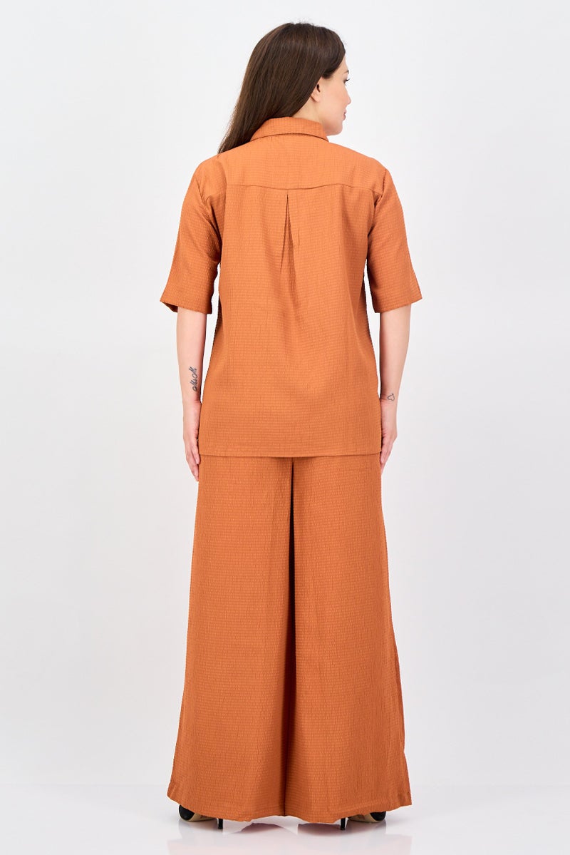 ANNE KLEIN Women 2 Pieces Pointed Collar Short Sleeve Textured Shirt And Palazzo Pants Set, Rust - Image 2