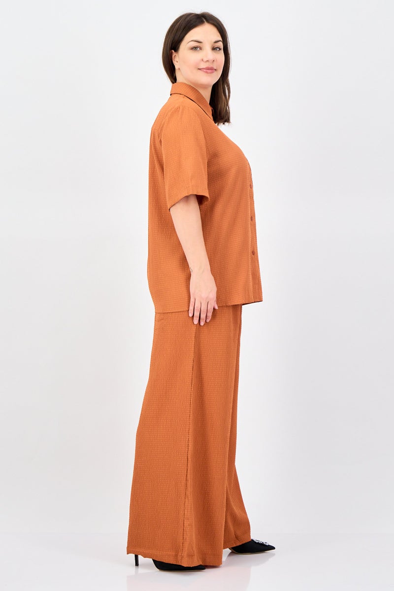 ANNE KLEIN Women 2 Pieces Pointed Collar Short Sleeve Textured Shirt And Palazzo Pants Set, Rust - Image 3