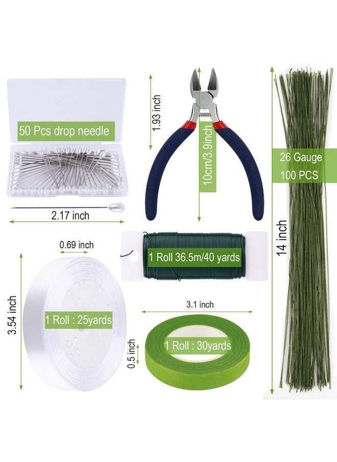 GLAMFIELDS - Floral Tape And Floral Wire,Floral Arrangement Kit With Green Flower Tape For Bouquets,Boutonniere Pin,White Ribbon, Wire Cutter For Bridal Bouquet Kit, Wreath Making Supplies - Image 1