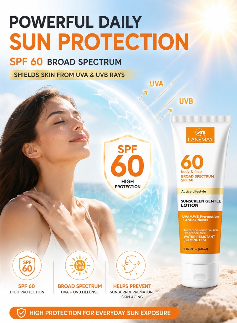 LANEMAY 2PCS Sunscreen Lotion with SPF 60 Protection - Moisturizes and Nourishes Dry Skin, Protects Skin from Sunburn and Dark Spots, Reduces Fine Lines and Wrinkles - Lightweight and Non-Greasy 60ml - Image 2