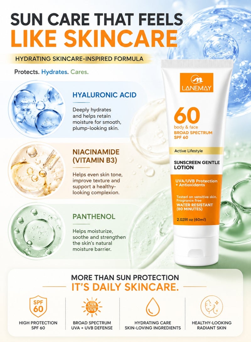 LANEMAY 2PCS Sunscreen Lotion with SPF 60 Protection - Moisturizes and Nourishes Dry Skin, Protects Skin from Sunburn and Dark Spots, Reduces Fine Lines and Wrinkles - Lightweight and Non-Greasy 60ml - Image 4