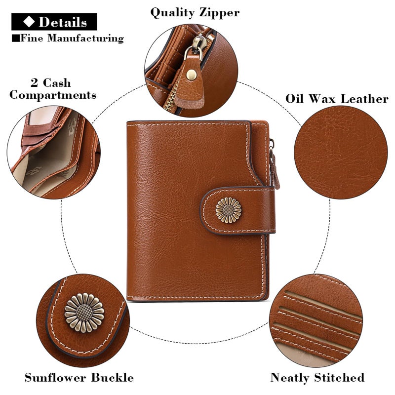 FALAN MULE Genuine Leather Small Wallet for Women, RFID Blocking, Compact Size, Brown - Image 5