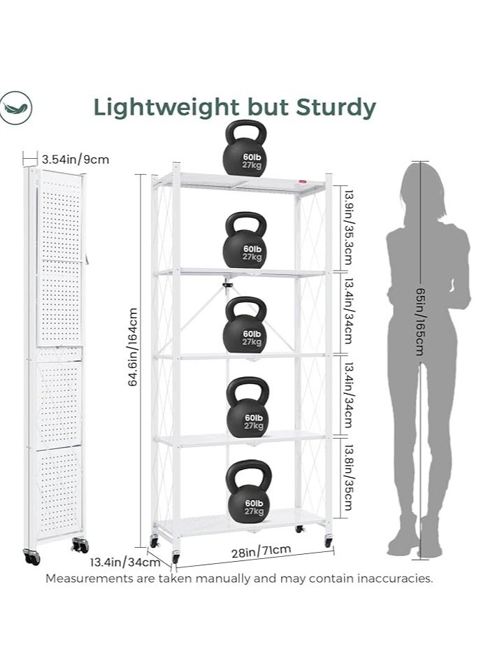 Toshionics رف تخزين ثقيل 5 طبقات قابل للطي رف مطبخ جراج منزلي خزانة مكتب منظم رفوف على عجلات سعة كبيرة وحدات رفوف معدنية قبو مخزن بدون تجميع مطلوب أبيض - Image 5