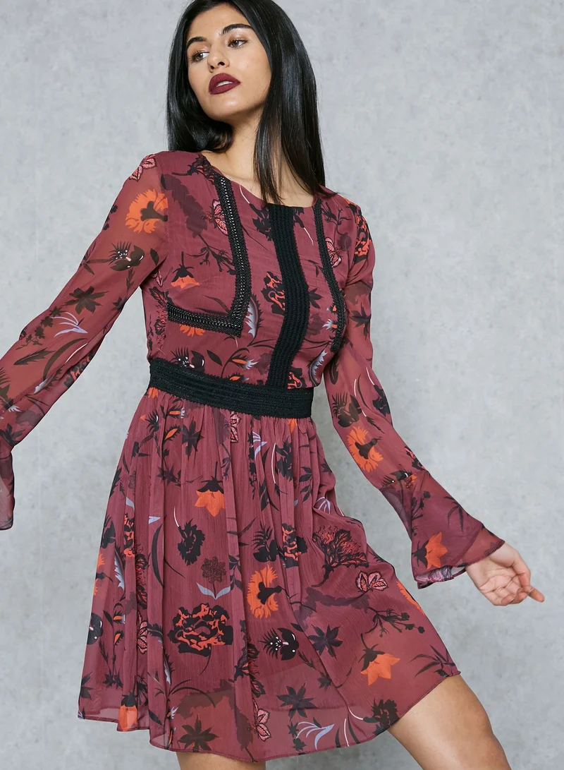 Ginger Flora Print Lace Paneled Skater Dress