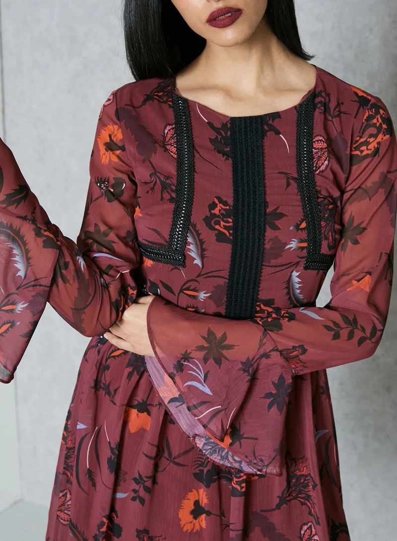 Ginger Flora Print Lace Paneled Skater Dress