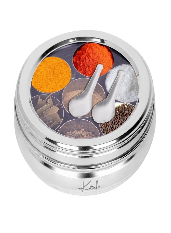inKitch Stainless Steel Belly Shape Kitchen Spice Box | Masala Container | Masala Dani with Individual See Through lid with 7 Containers and Small Spoon/Medium - Image 1