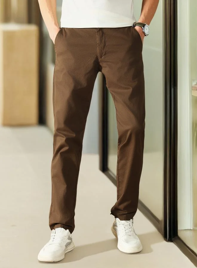 Men'S Dark Khaki 100% Cotton Solid Pattern Full Length Chinos Slim Fit Trouser