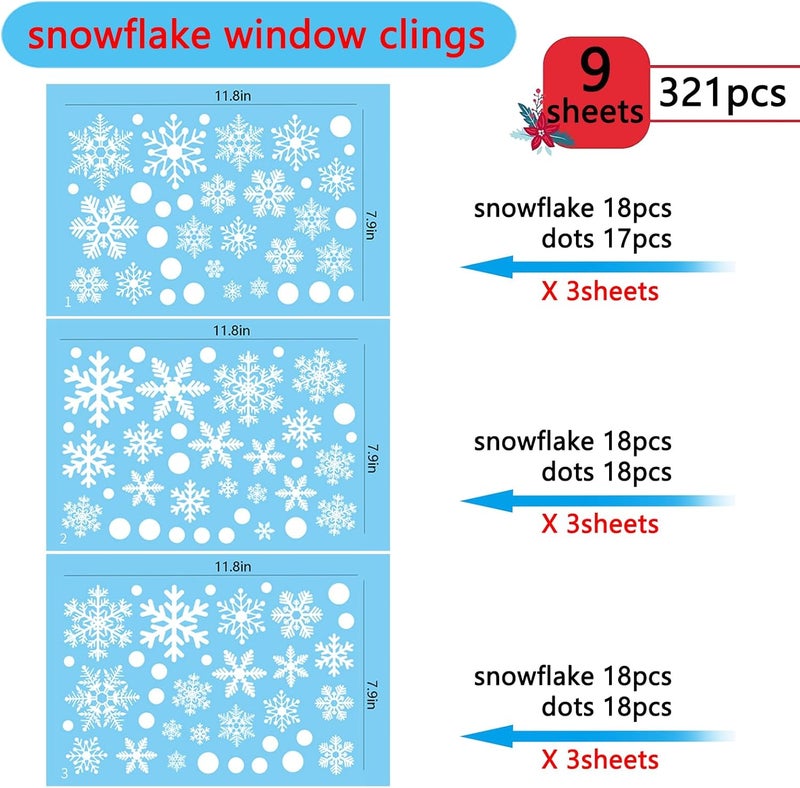 Afmivs Snowflake Window Clings for Glass Windows Snow Spray, 321PCS Christmas Window Clings Winter Xmas Holiday Window Stickers Decals Decor, 9 Sheets Christmas Decorations for Office Clearance Indoor - Image 2
