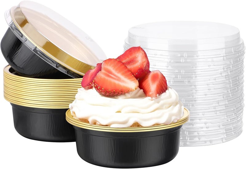 Beasea Disposable Ramekins with Lids, 20 Pack 8.8oz 260ml 4 Inch Disposable Round Aluminum Foil Cups Cupcake Mini Pudding Baking Cups for Party - Black Gold - Image 1