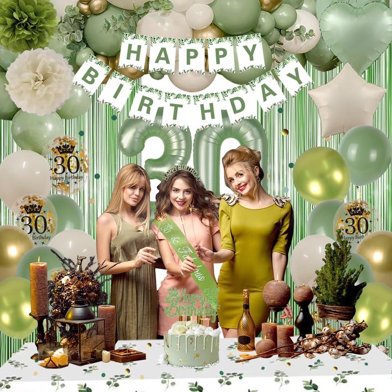 GYESXYW 30th Birthday Decorations for Her, Sage Green 30th Bday Decorations for Women Happy Birthday Banner Green Gold Balloons Crown Sash Fringe Curtain Tablecloth Cake Topper for Bday Decor - Image 4