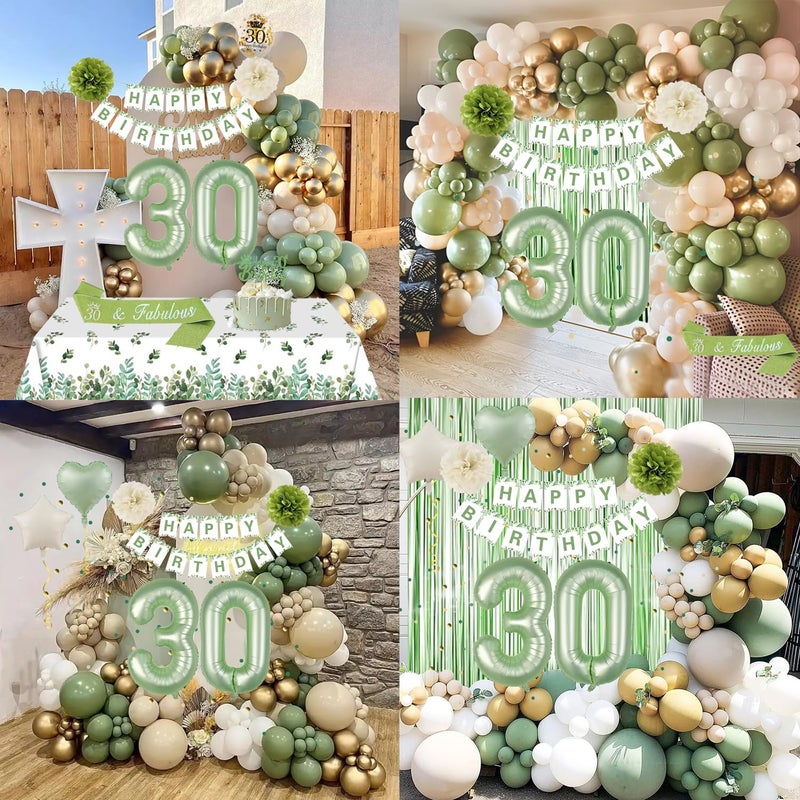 GYESXYW 30th Birthday Decorations for Her, Sage Green 30th Bday Decorations for Women Happy Birthday Banner Green Gold Balloons Crown Sash Fringe Curtain Tablecloth Cake Topper for Bday Decor - Image 5