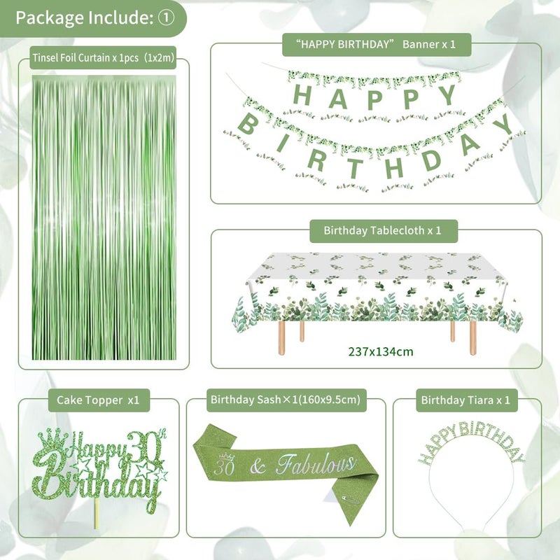 GYESXYW 30th Birthday Decorations for Her, Sage Green 30th Bday Decorations for Women Happy Birthday Banner Green Gold Balloons Crown Sash Fringe Curtain Tablecloth Cake Topper for Bday Decor - Image 2