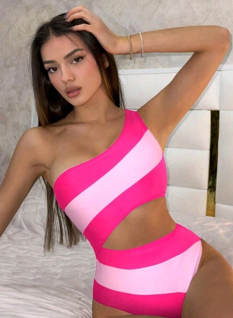 Shein SHEIN Swim Summer Beach Women One-Piece Swimsuit With Colorblock Hollow-Out One Shoulder  - Image 1