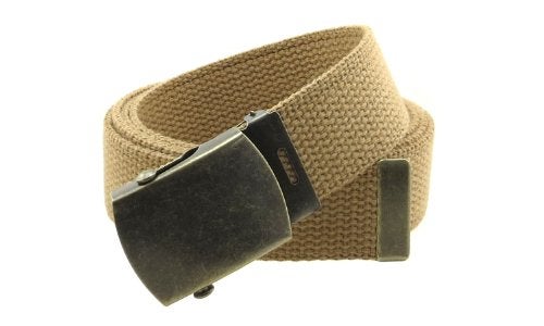 BC Belts Canvas Web Belt Military Style with Antique Brass Buckle and Tip 50" Long (Light Brown) - Image 1