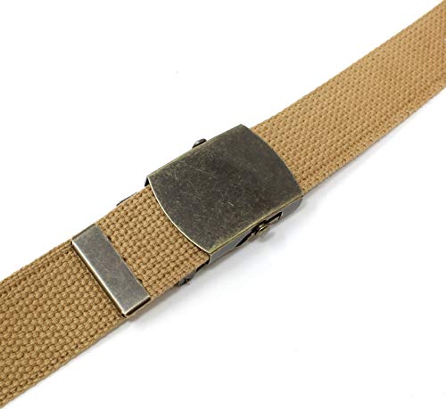 BC Belts Canvas Web Belt Military Style with Antique Brass Buckle and Tip 50" Long (Light Brown) - Image 3