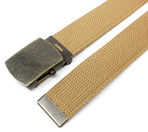 BC Belts Canvas Web Belt Military Style with Antique Brass Buckle and Tip 50" Long (Light Brown) - Image 2