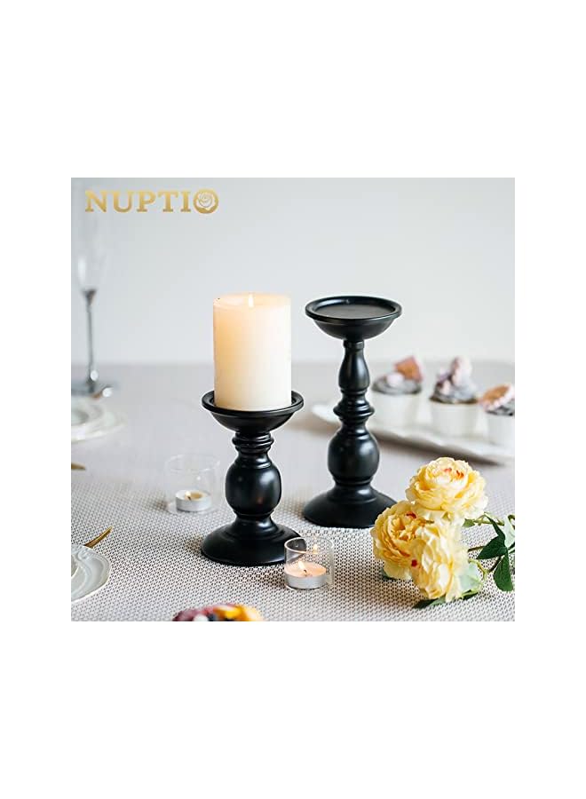 The Bros حامل شموع أسود لشموع الأعمدة - مجموعة 2 قطع من حوامل الشموع الريفية، حامل شمعة معدني طويل، حامل شمعة أعمدة ريترو لخريف هالوين عيد الفصح، مركز طاولة المنزل المدفأة - Image 2