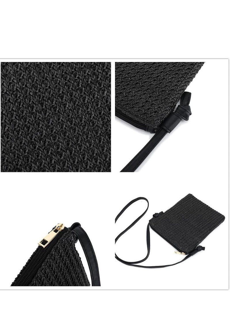 Excefore Straw Crossbody Beach Bag, Summer Beach Shoulder Bags, Boho Woven Clutch Bag, Suitable for Beach Vacation Party (Black) - Image 4