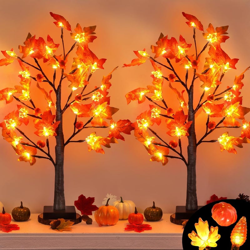 Grastfu 2 Pack 24 Inch Prelit Fall Maple Tree Decor with 48 LED Timer Fall Thanksgiving Decorations Battery Operated Lighted Pumpkin Acorn Maple Artificial Tabletop Tree Thanksgiving Table Decor Home Indoor - Image 1